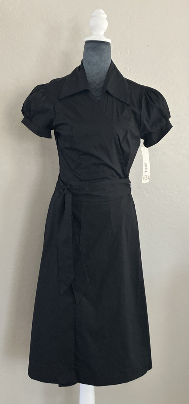 Vintage Jody California Black Midi Wrap Dress Puff Sleeve Old Money 9/10 NWT